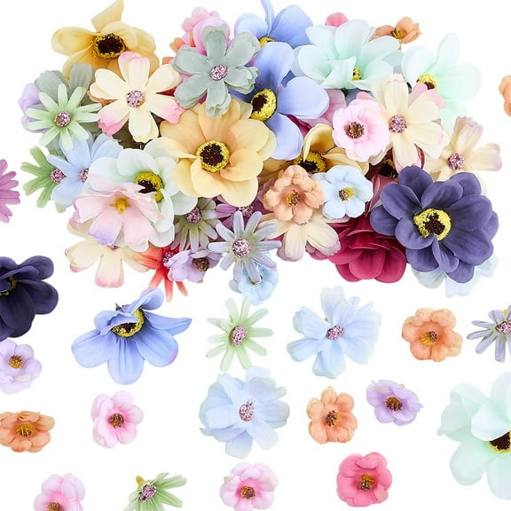 100Pcs Mini Flowers Bulk Artificial Cloth Flowers Multi-Colors Small Decorative Fabric Floral Blossom Heads Daisy Peony Flower Decor for Wedding Birthday Party Wreath Home DIY Crafts