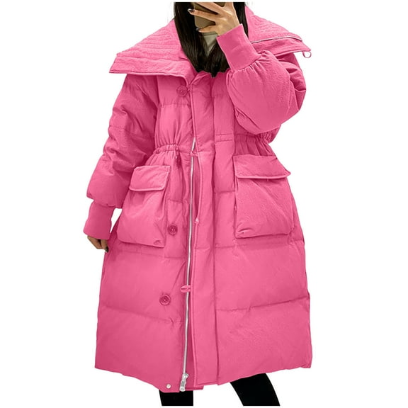 jtjvou Women's Winter Long Puffer Coats Zip Up Casual Thickened Down Jackets Trendy Warm Overcoat with Pockets Pink S