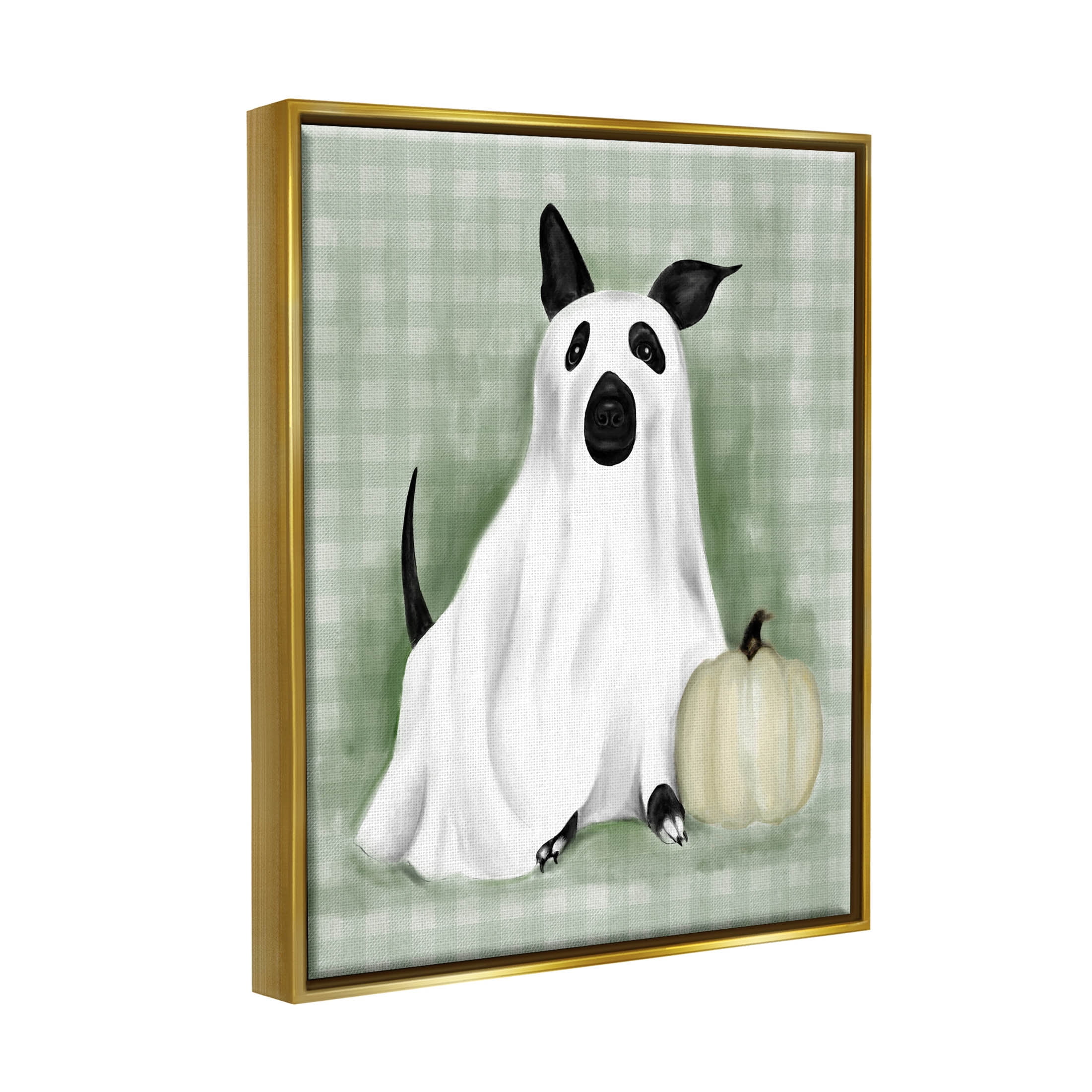 Stupell Industries Dog Ghost Halloween Costume Graphic Art Metallic Gold Floating Framed Canvas Print Wall Art, Design by Lil' Rue