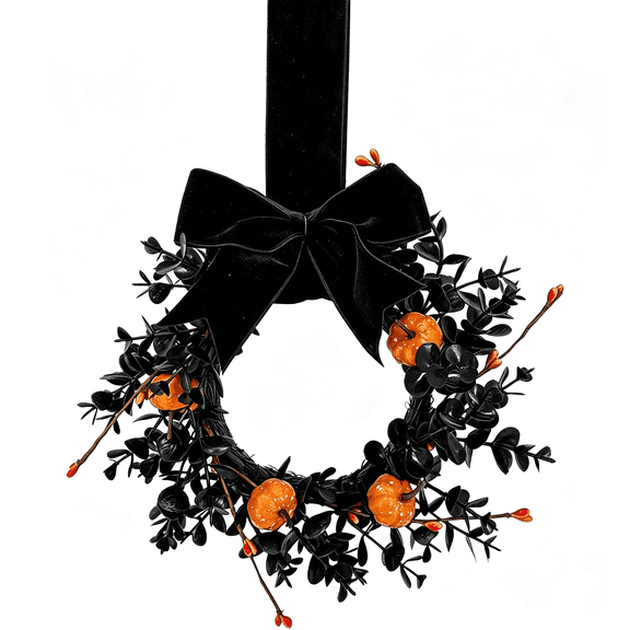 XEAZON 1/2/4 Pcs Halloween Wreaths 9" Artificial Hallowee Wall Cabinet Decor Mini Wreath with Pumpkin and Velvet Bow, Gothic Kitchen Cabinet Wreaths for Front Door Cabinets Window Wall Holiday Decor