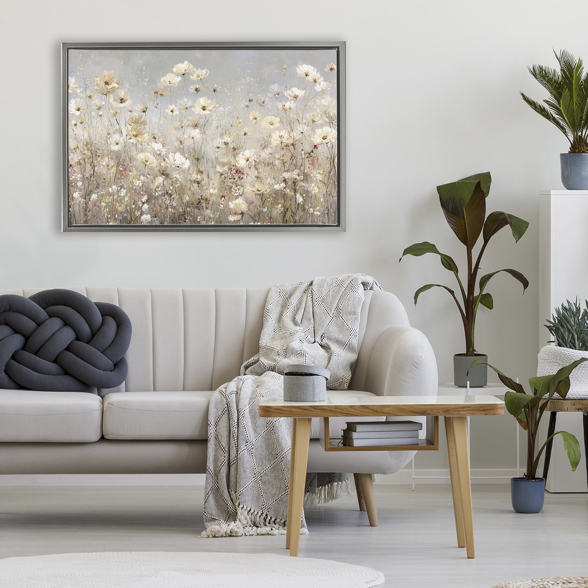Stupell Industries White Daisy Clusters Meadow Gray Framed Floater Canvas Wall Art, design by Jacky Ngan