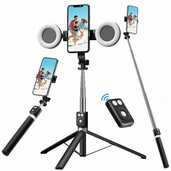 6-in-1 Selfie Tripod w/Dual Fill Lights & Wireless Remote | Portable Adjustable Phone Stand | Detachable 360° Compact Travel Tripod