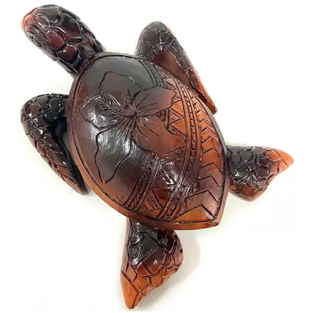 Doolland Turtle Wood Carving Hawaiian Turtles Wooden Hand Carved Turtle Tortoise Statue Seaside Tropical Nautical Ocean Coastal Decoration for Home Decor Simulation Animal Resin Garden Ornaments