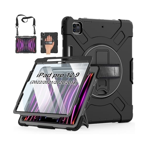 wonim11 Case for iPad Pro 12.9 2022/2021/ 2020/2018: Cover for iPad Pro 12.9 6th/ 5th/ 4th/ 3rd Generation with Screen Protector- Stand- Pencil Holder- Handle- Shoulder Strap Black