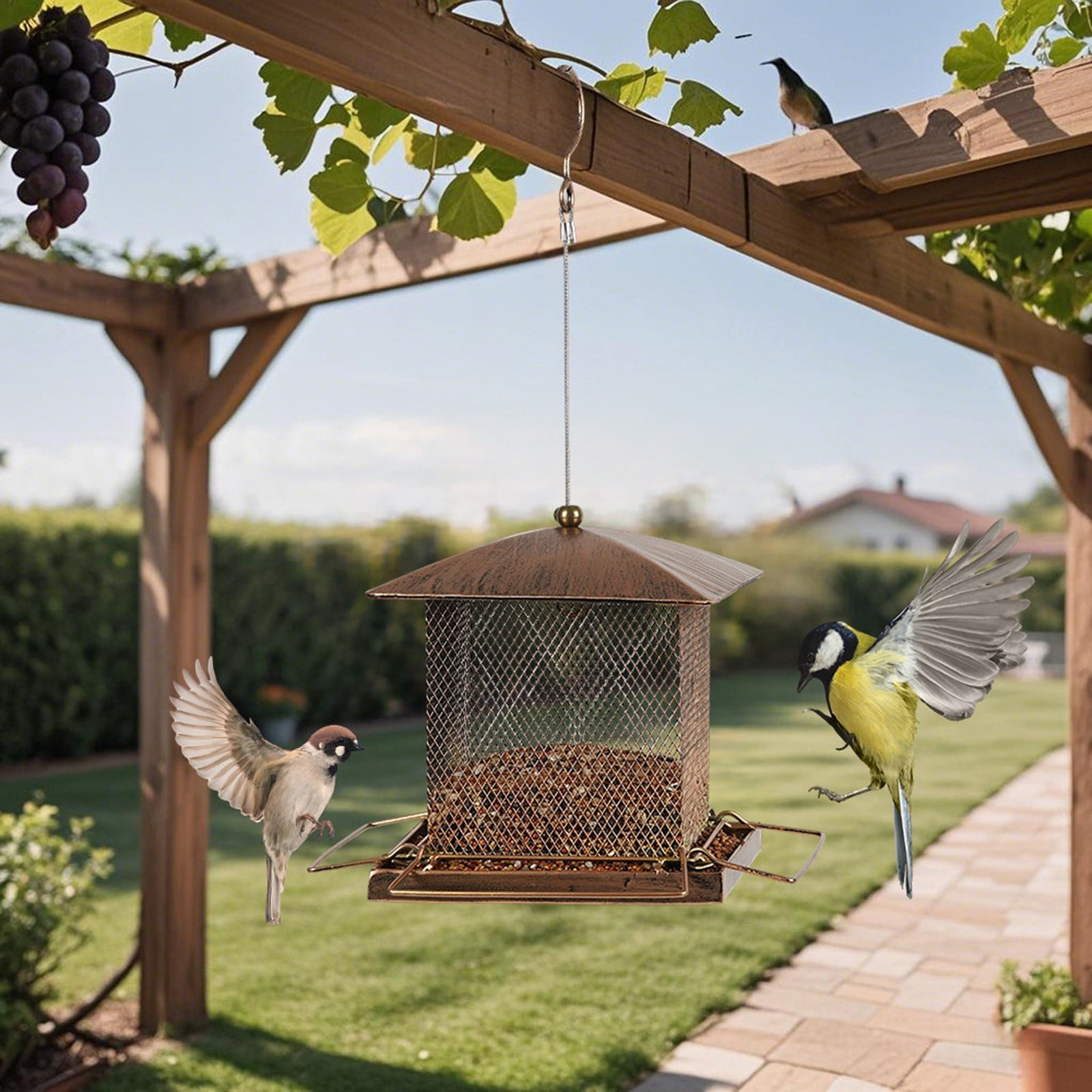 Heavy Duty Metal Bird Feeder | Antique Copper Outdoor Hanging Standing Garden Squirrel-Proof Feeding Station | Integrated Water Food Feeder | 7x11x17.7in