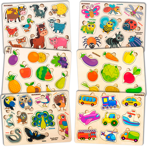 Quokka 6 Wooden Puzzles for Toddlers 1-4 Years Old - Educational Toys with Fruits, Vegetables, Animals