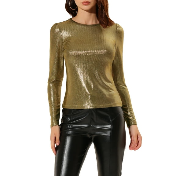 INSPIRE CHIC Women's Shiny Top Long Sleeve Round Neck Regular Fit Sparkly Evening Blouse XS Black Gold