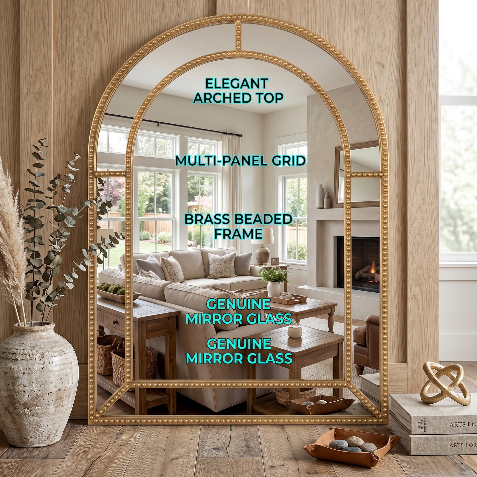 ALPULON 36 x 24 Inch Rectangular Decorative Wall Mirror with Gold Beaded Metal Frame for Living Room Bedroom Entryway Bathroom Vanity Accent Wall Decor, Gold