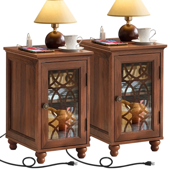 2 Pack Narrow End Table with Charging Station, Wood Side Table for Living Room Bedroom, Farmhouse Brown