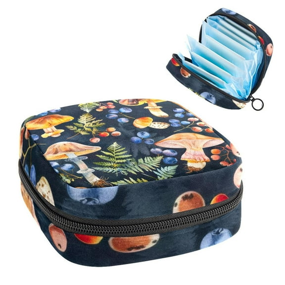 Sanitary Napkin Storage Bag for Girls Women, Portable First Period Pads Bag Tampons Holder Girls Travel Makeup Bag, Large Capacity Mushrooms Wild Berries Background