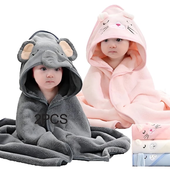2pcs Toalla De Baño Bebé Con Capucha Animales Manta Suave Modelo Gris y Rosa