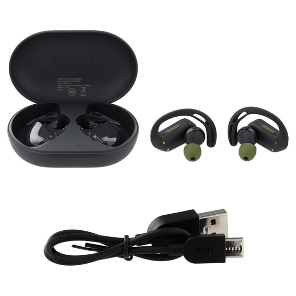 onn Wireless Sport Earbuds with Comfort Grip Ear Hooks, Black