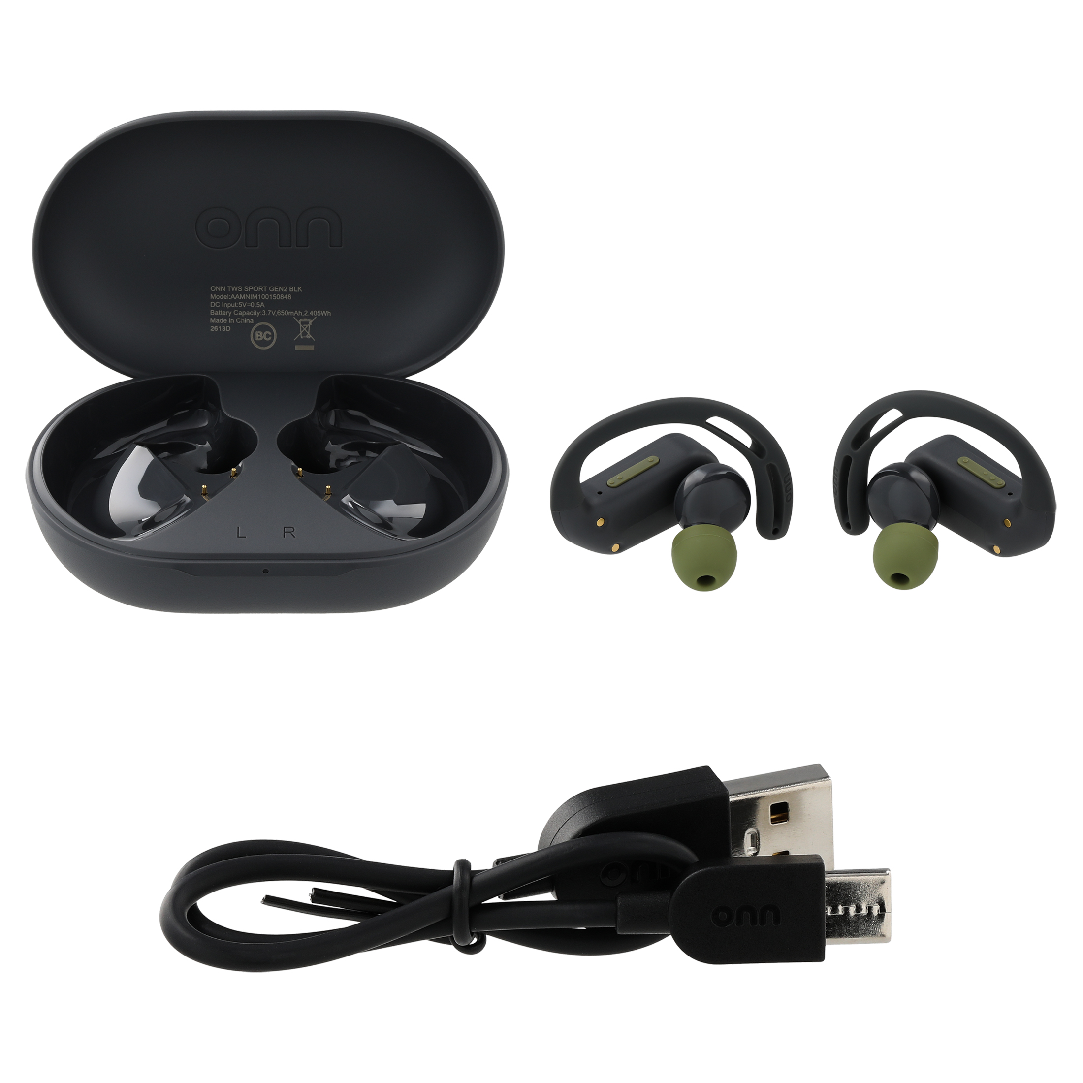 onn Wireless Sport Earbuds with Ear Hooks, Black photo 2