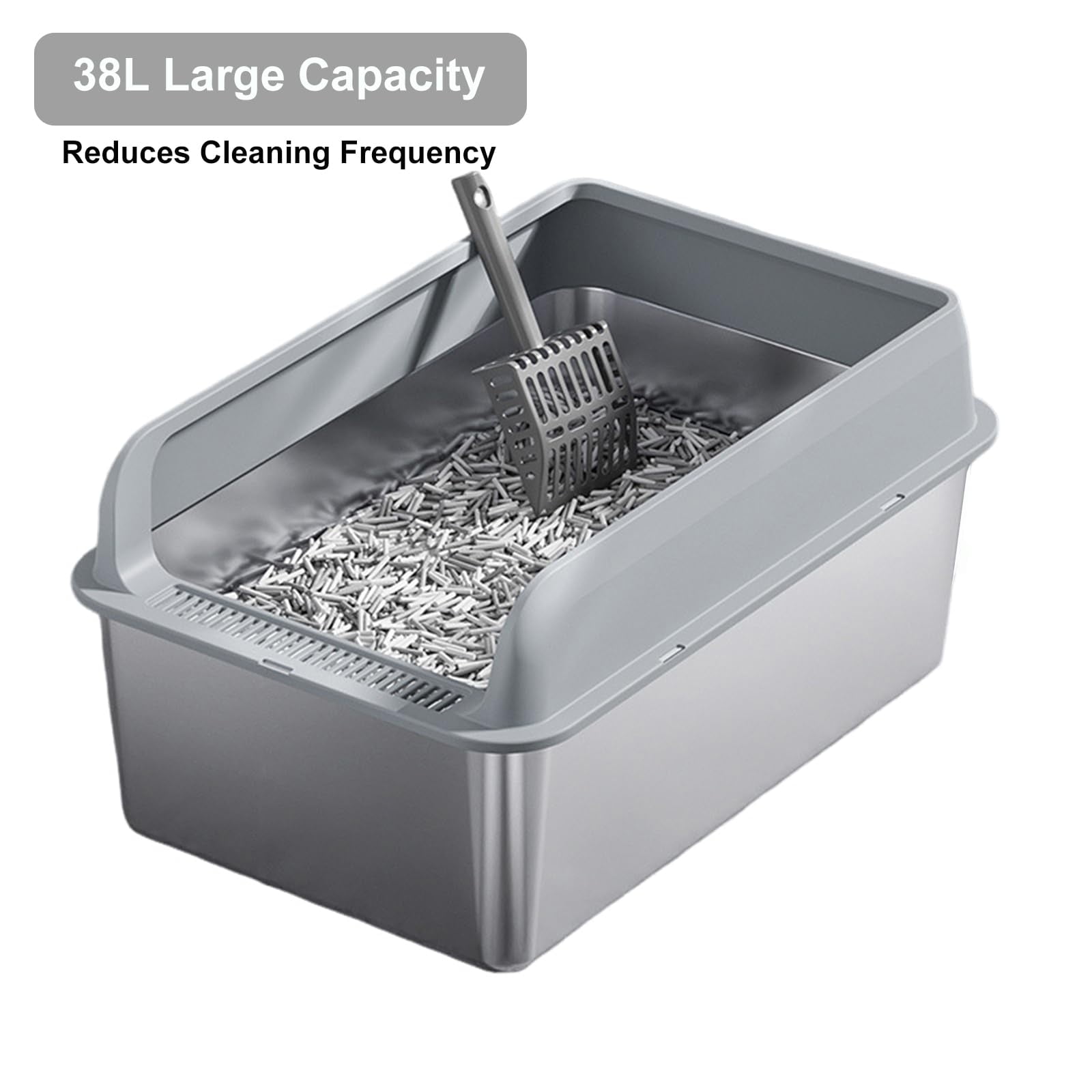 Large Stainless Steel Top Entry Cat Litter Box with PP Cover & Anti-Track Mat, Super Size 60x40x30cm, Prevents Splatter & Scatter, Easy to Clean, for Multiple Cats,Light Grey