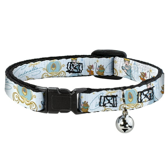 Disney Breakaway Cat Collar With Bell, Plastic Clip, Easy Adjustable, Cinderella Pumpkin Coach and Mice Pose with Script Blues, 8.5 to 12 Inches 0.5 Inch Wide