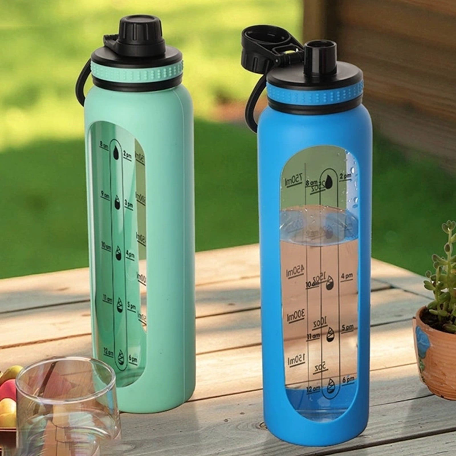 32 oz Glass Water Bottle with Straw and Handle, Sports Motivational Water Flask with Silicone Sleeve, Large Leakproof Water Flask Cup with Time Marker for Travel, Gym