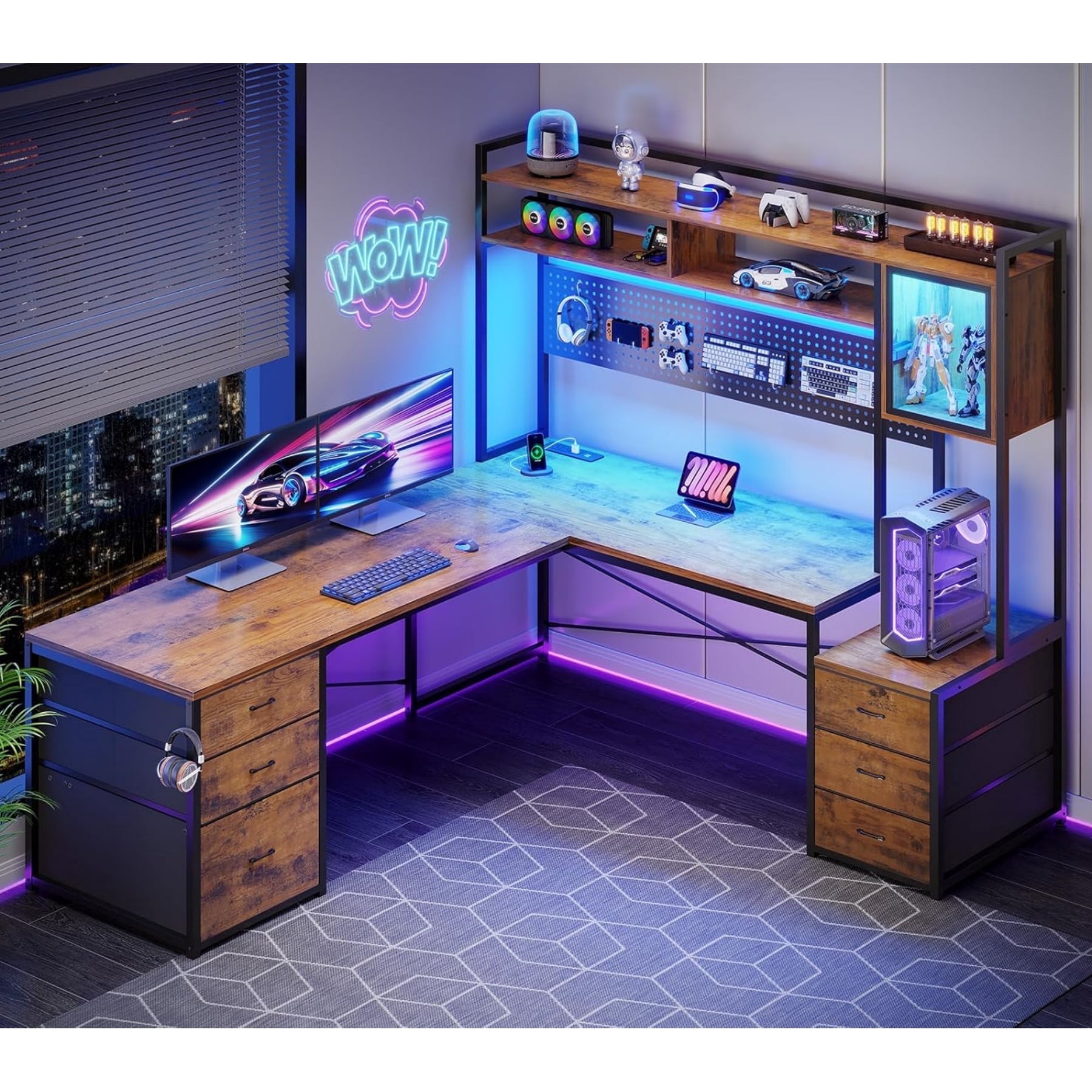 SEDETA L Shaped Desk with Drawers, 2 Person Desk with Hutch & Power Outlets, Home Office Desk with File Drawer & Glass Cabinet, Gaming Desk with LED Lights & Pegboard, Rustic Brown