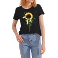 thumbnail image 4 of ZHISHIMINGJUN Plus Size Women's Top Oil Painting Style Brilliant Blue Sunflowers Ombre Round Neck Short Sleeve Cute Pattern Printed Black Soft Drape Tee, 4 of 6