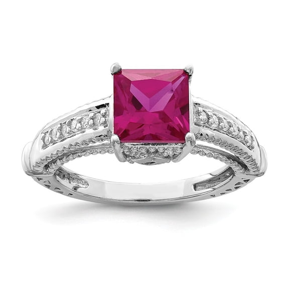 Sterling Silver Simulated Ruby and Cubic Zirconia Ring - Size 7 - Measures 2mm Wide