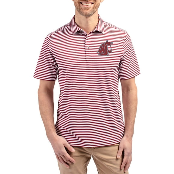 Men's Cutter & Buck  Crimson Washington State Cougars Virtue Eco Pique Stripe Recycled DryTec Polo