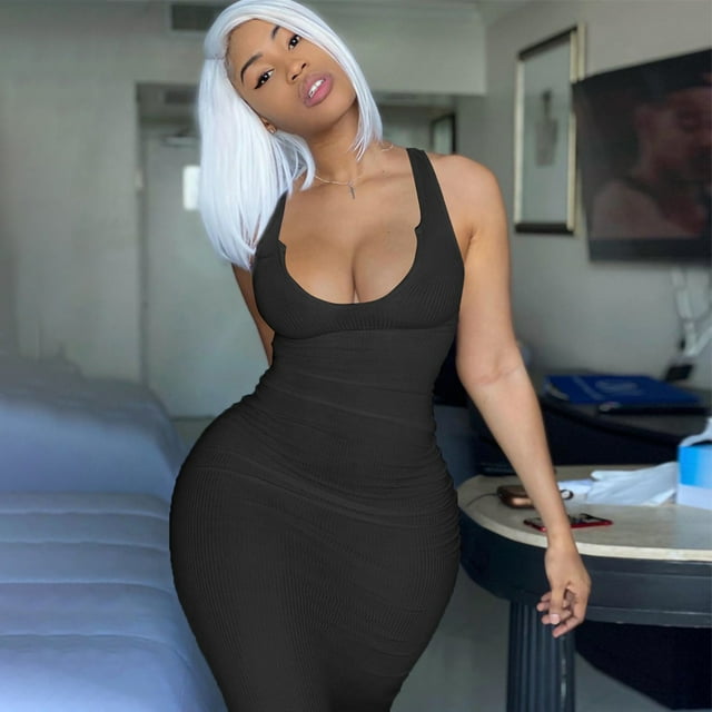 CEHVOM Robe Débardeur Femme Col en V Profond Sans Manches Côtelée Soirée Club