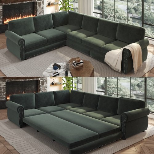 CKEASEAN 118" Chenille Oversized Convertible Sleeper Sofa Bed, Modern L Shaped Sectional Cloud Couch with Pull Out Bed, Comfy 6-Seat Upholstered Sofa with Nailhead Trim & Rolled Arm for Living Room
