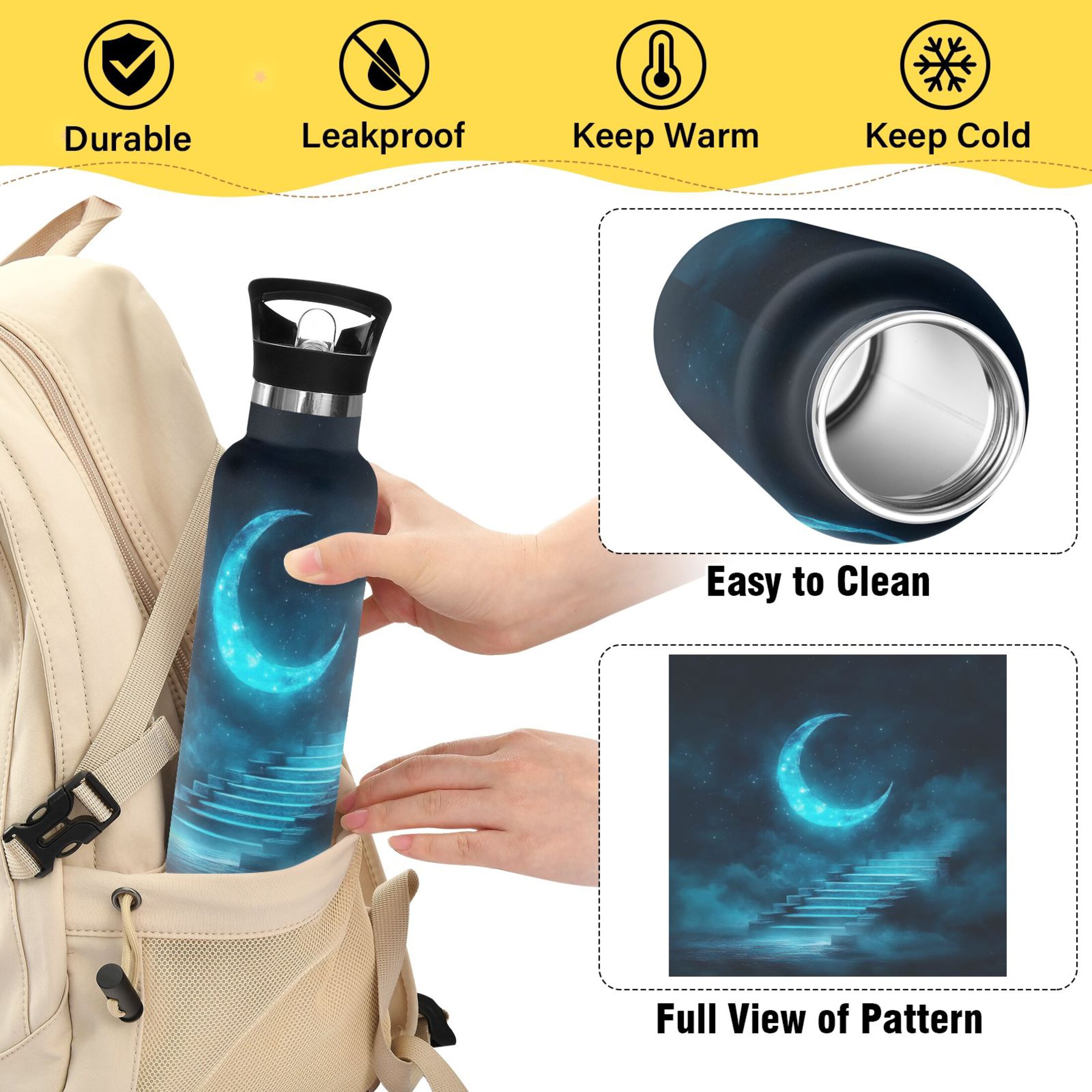 Kids Insulated Stainless Steel Sports Water Bottle 600ml (20oz) Ethereal Moonlit Night Background