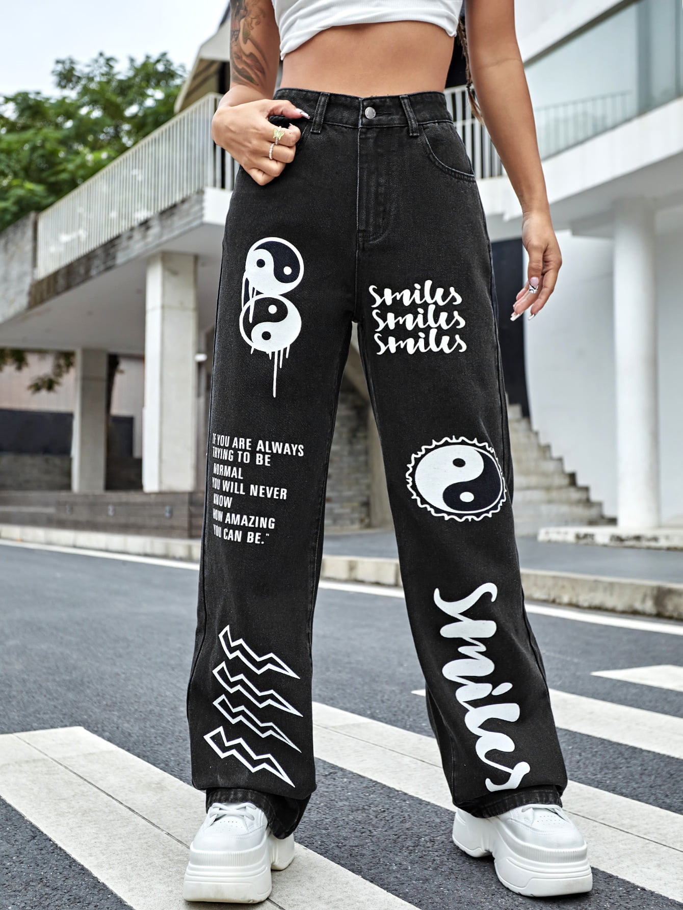 Yin Yang And Slogan Graphic Jeans 2022 