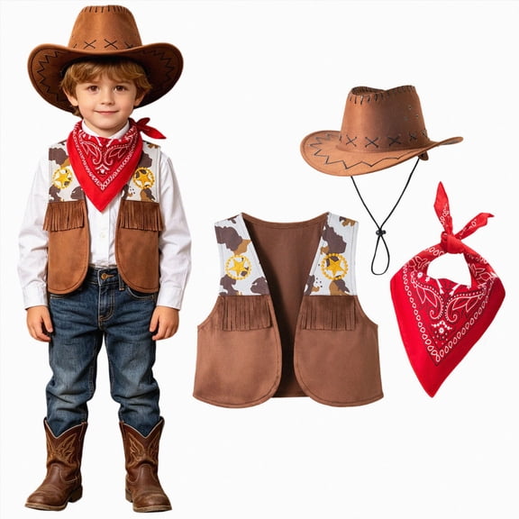 mgoYE Cowboy Cowgirl Outfits for Boys, Toddler Kids Dress Up Role Play Parties Cowboy Kids' Vest & Bandana Set Hat(Brick Red,3-4 Years)