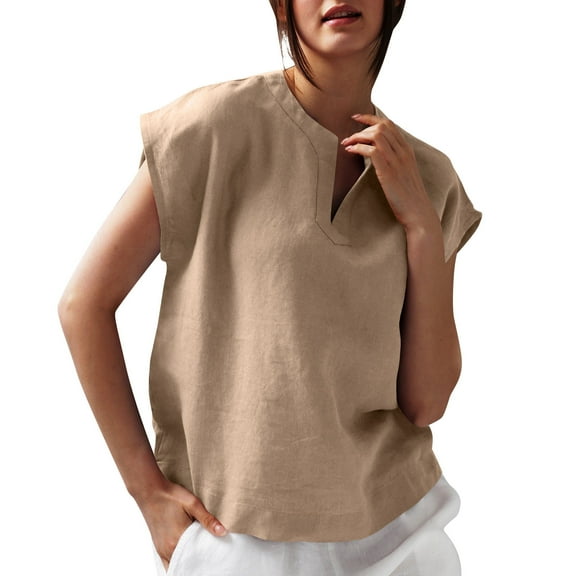 Womens Cotton Linen Tops, Cap Sleeve Shirts for Women Casual Loose Fit Solid Color Notch V Neck Dressy Blouses