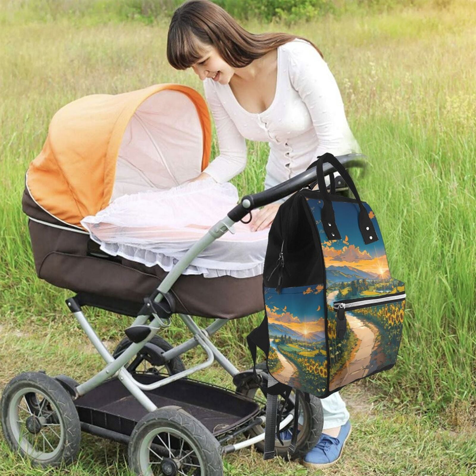 Fuzoiu Sunflowers At Sunset Print Diaper Bag Backpack,Baby Essentials Travel Tote,Multi function Waterproof Diaper Bag, Travel Essentials Baby Bag - Unisex