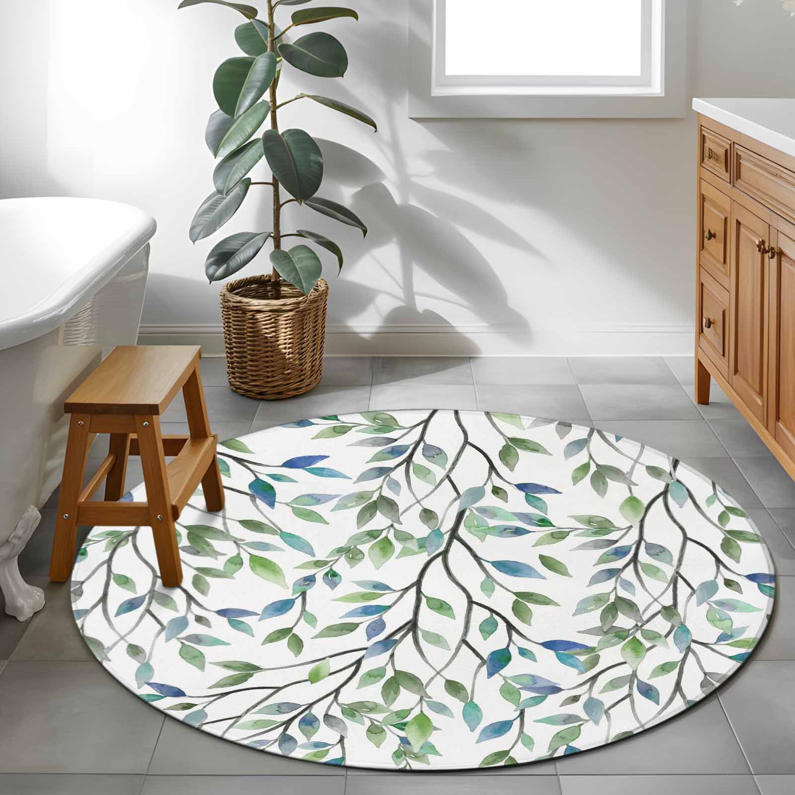 Small Round Rug 3Ft Washable Non-Slip, Blue Green Eucalyptus Circle Area Rugs for Living Room Bedroom, Spring Botanical Leaves Weeping Indoor Floor Mats Carpet Runner for Home Decor
