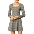 thumbnail image 1 of Vestido de cuadros A-line de manga larga con escote cuadrado para mujeres Inspire Chic, talla XL, color marrón, 1 of 8