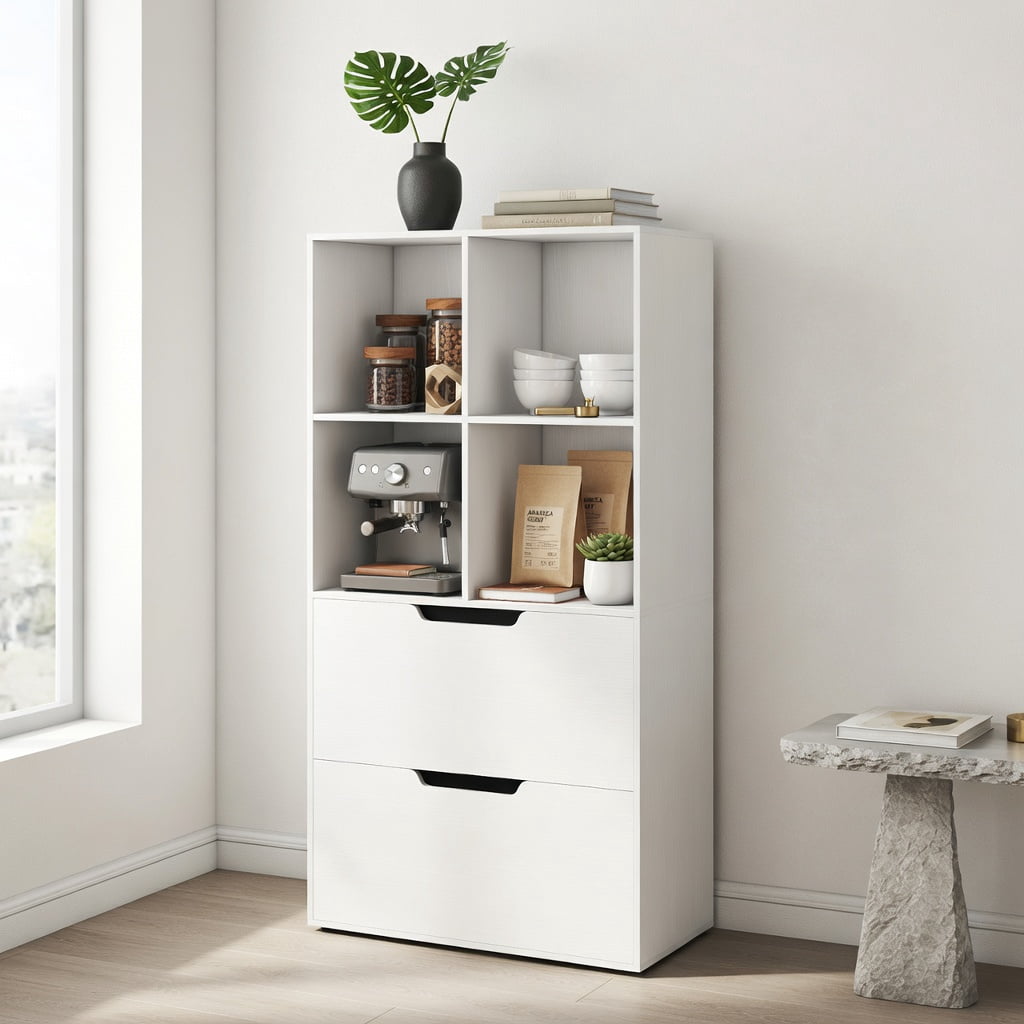 Demi Bonn 4-Tier Wood Open Bookcase with 2 Drawers and 4 Storage Cubes, White