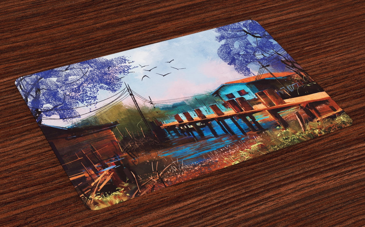 Lake House Placemats Set of 4 Vintage Hand Drawn Artisan Picture of