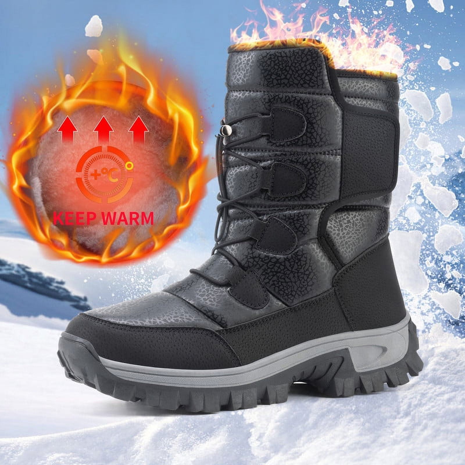 Stepedia Winter Boots Waterproof Warm Shoes Walking Hiking Booties Faux Fur Mid Calf Boots for Men, Black