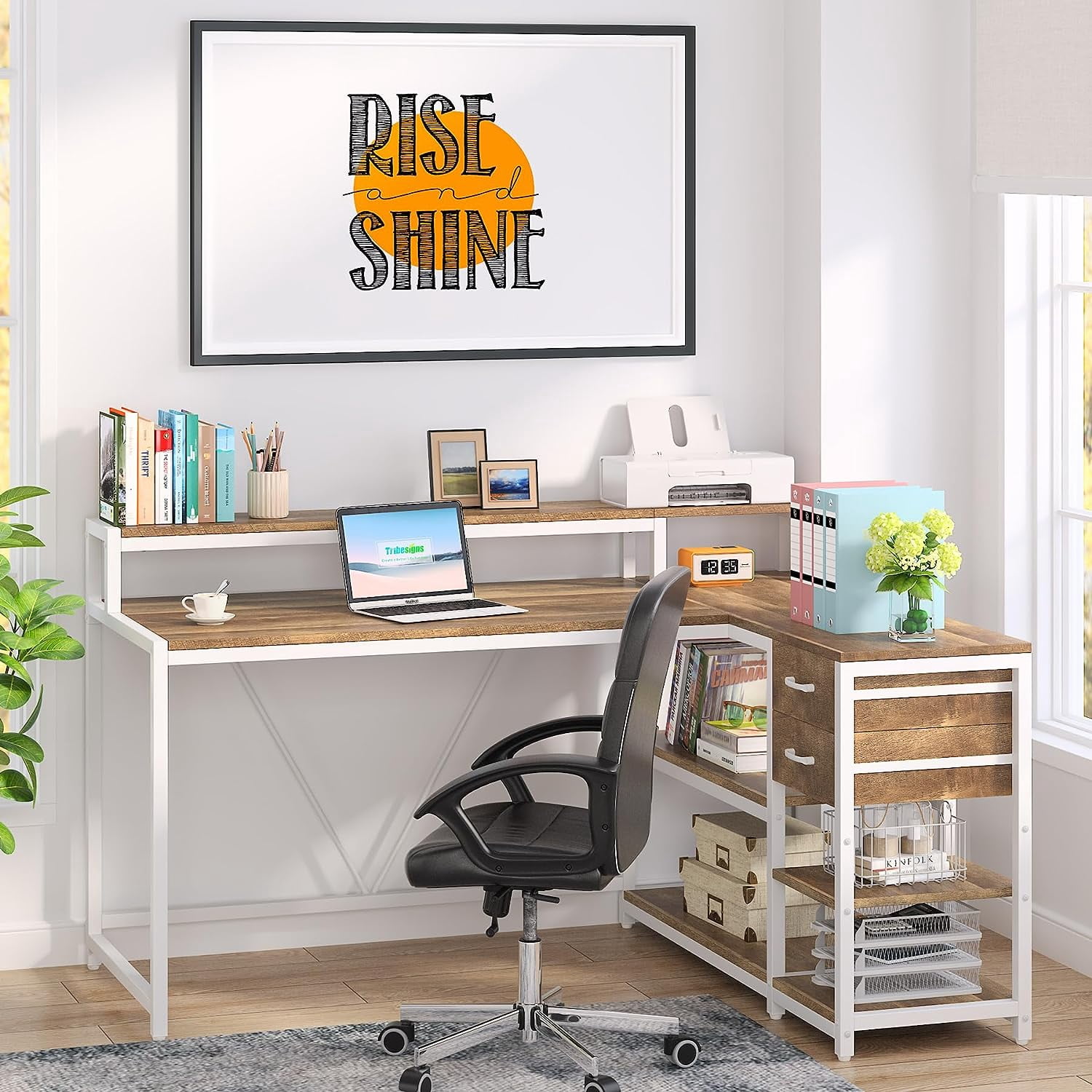 Tribesigns L Shaped Desk with Drawer, Corner Desk Home Office Table, Rustic Wooden and Metal PC Desk, Multicolor