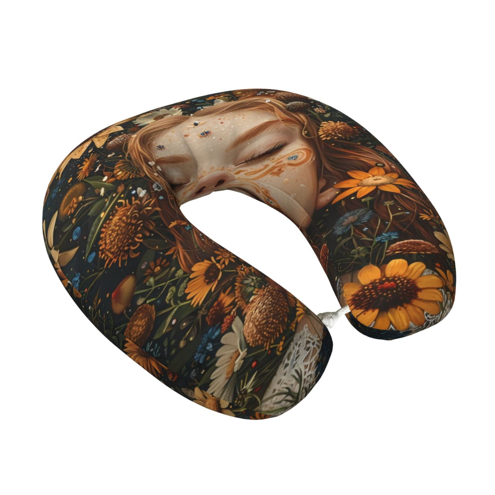 Xecao Whimsical Flower Crown Maiden Print Memory Foam Cervical Neck Pillow Versatile U-Shaped Pillows for Home,Office,Camping,Travelling,Soft Washable Cover