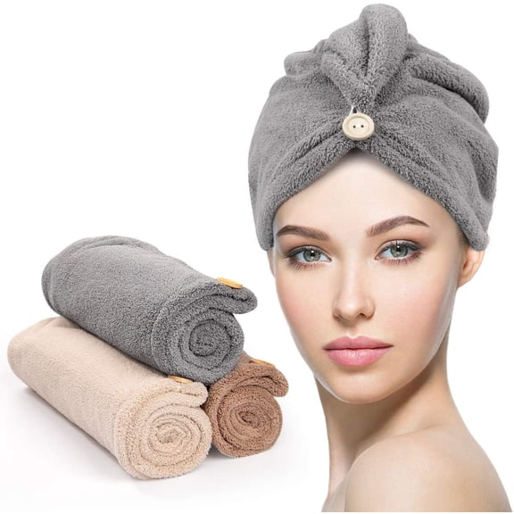 Emlimny 3 Pack Hair Drying Towels,Hair Towels with Button, Super Absorbent Microfiber Hair Towel for Curly Hair, Fast Drying Hair Wraps Turban for Women & Men, Soft Bath Towels for Shower, Travel