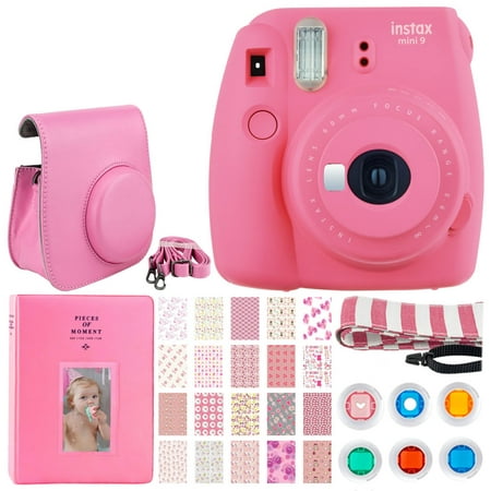 Fujifilm instax mini 9 Instant Film Camera (Flamingo Pink) + Button Closure Case with Strap + Album 128 Pockets + 6 Colored Filters + 20 Sticker Frames for Fuji Prints Baby Girl + Striped Neck (Best Pocket Sized Camera)
