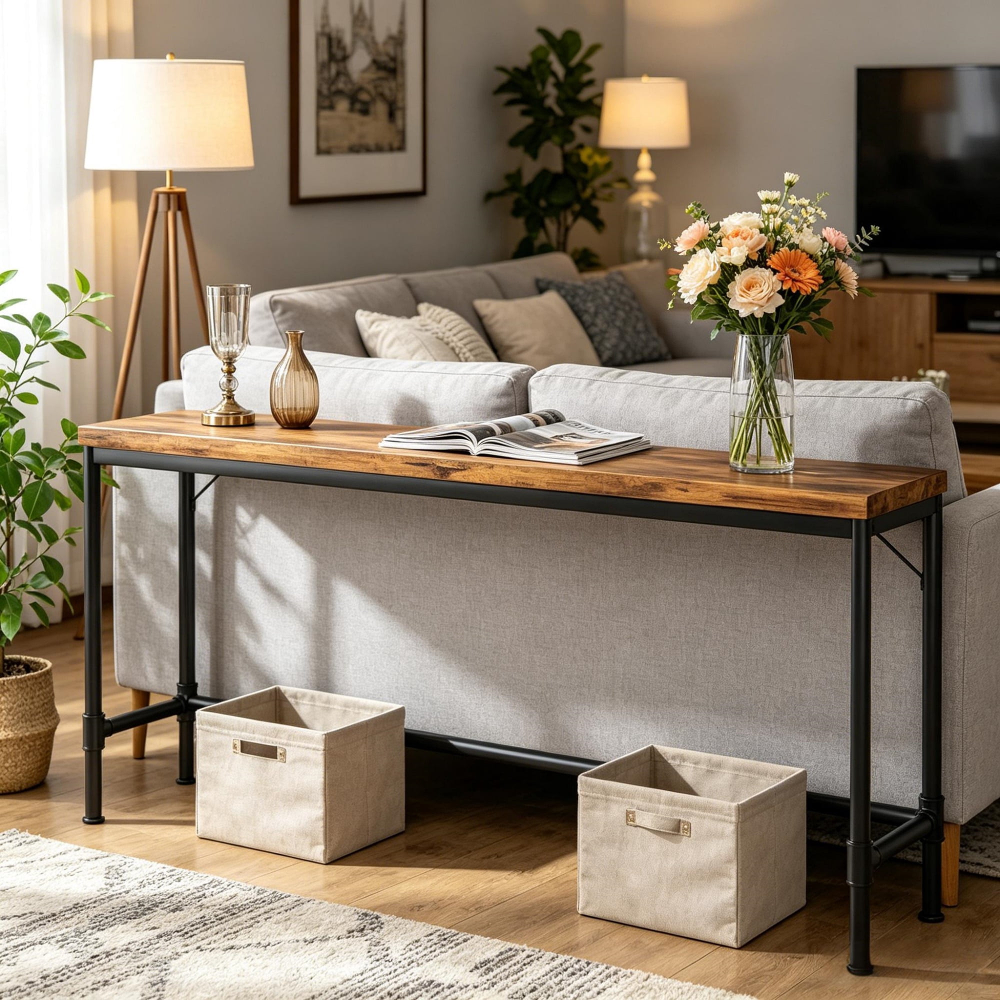 Industrial Console Table with Metal Frame for Entryway Hallway