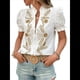 thumbnail image 3 of Blusas de Verano para Mujer 2025, Informales, con Volantes, Cuello en V, Corta Abullonada, Botones y Bordados. Albaricoque M, 3 of 10