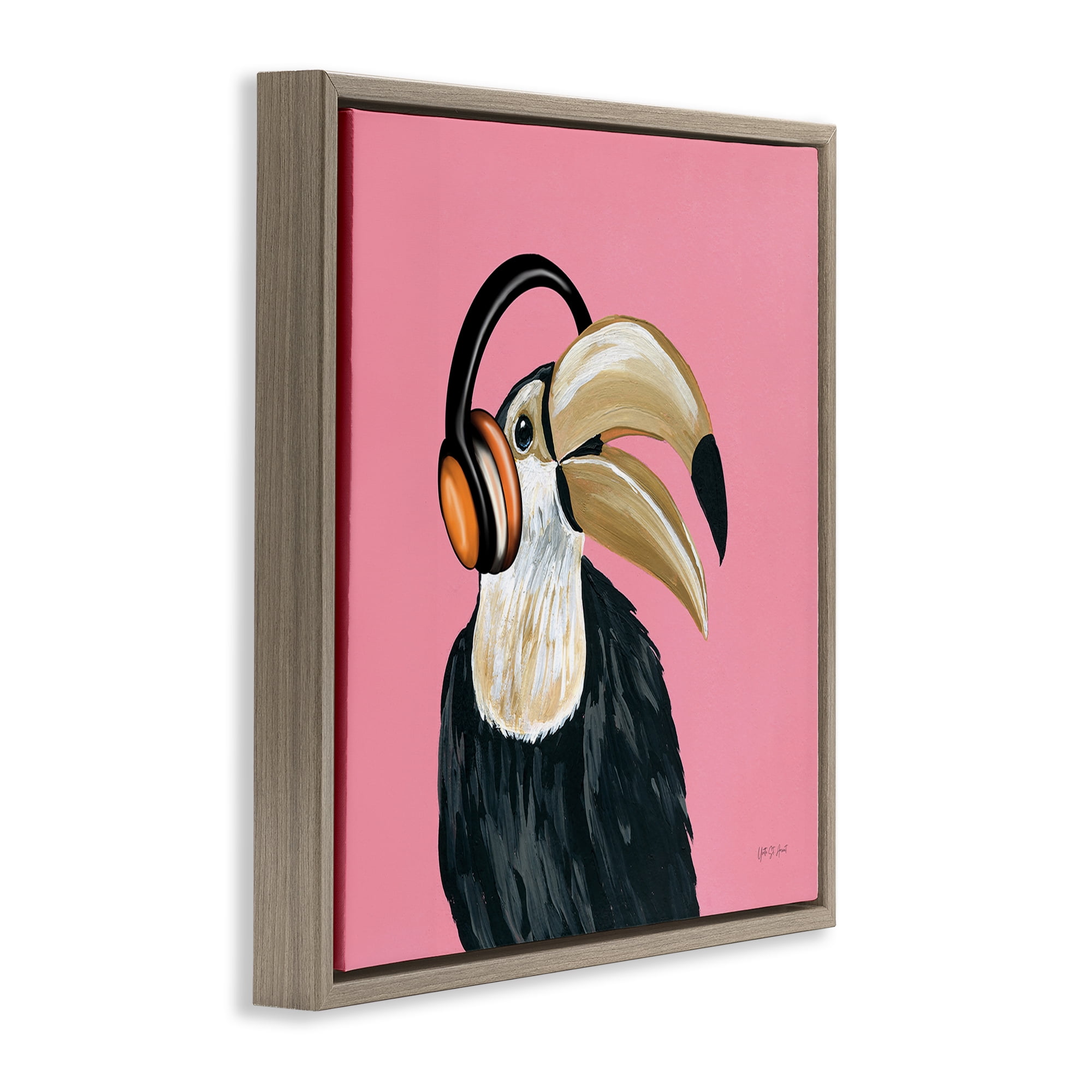 Stupell Industries Toucan with Headphones Entertainment Painting Brown Floater Framed Canvas Art Print Wall Art, 18 x 18
