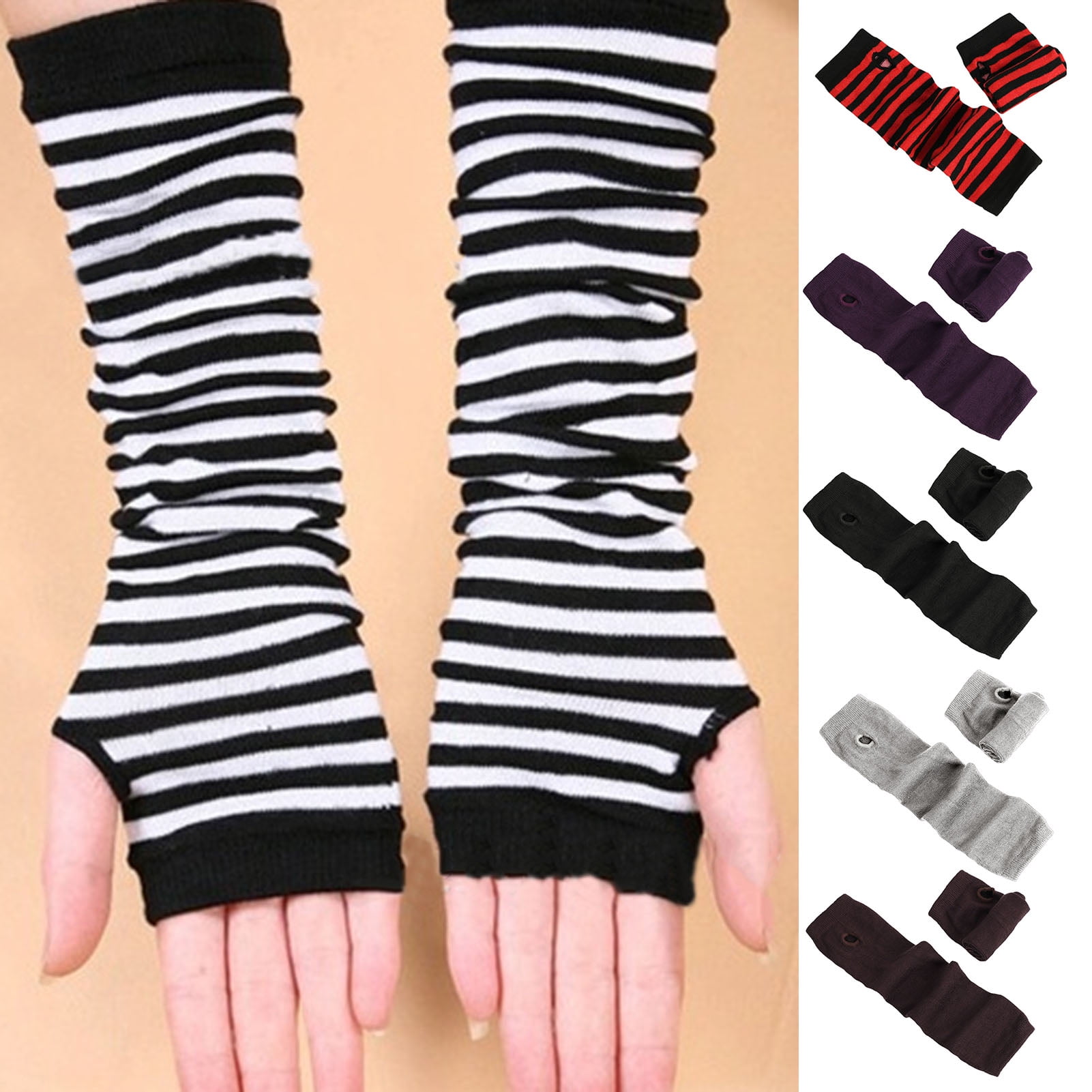 Cheers 1 Pair Striped Half Finger Arm Covers Women Crochet Knitted Arm ...