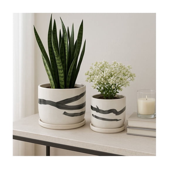 Home Decor Flower Pots and Planters - Hand-Painted Plant Pots with Saucers for Indoor and Outdoor Use - Unique Artistic Accent Ideal for Garden, Patio, or Room Decor Set of 2 - 5", 4" White & Black