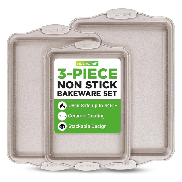 Juego de 3 Charolas Antiadherentes para Hornear NutriChef, Sartenes de Acero al Carbono Premium con Mangos de Silicona Negra, Distribución Uniforme del Calor, Libre de PFOA/PFOS/PTFE, Mármol Crema