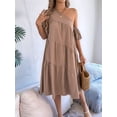 thumbnail image 4 of Women One Shoulder Beach Vacation Casual Puff Sleeve Tiered A Line Flowy Sun Dress Khaki XL, 4 of 9