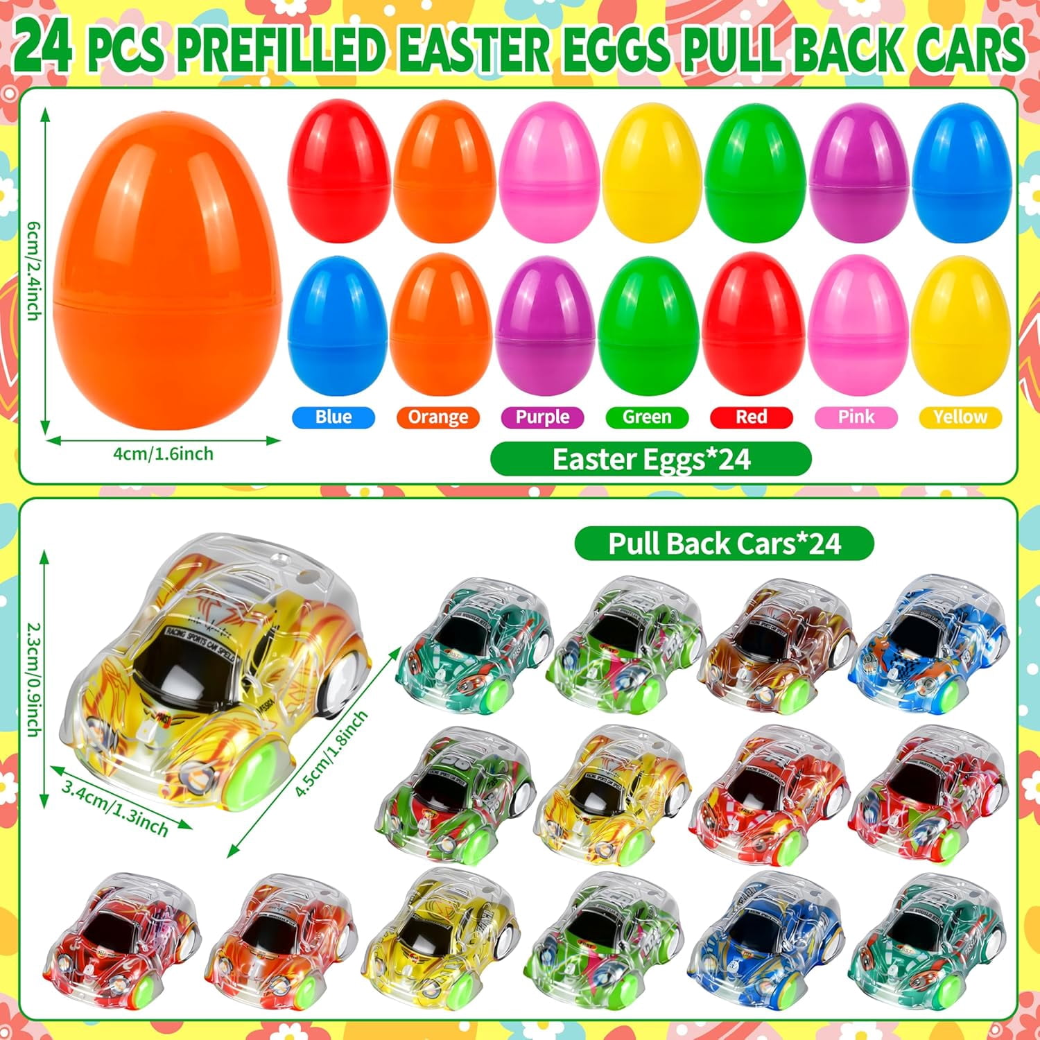 Prefilled Easter Eggs 24 Pack With Pull Back Toy Cars, Plastic Eggs With Toys Inside For Easter Egg Hunt, Basket Stuffers, Party Favors, Classroom Prizes For Kids