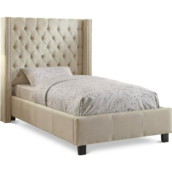 Meridian Furniture Ashton Solid Wood Linen Wing Back Twin Bed in Beige