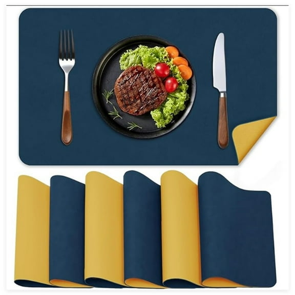 Leather Table Mats Set of 6, Double Sided and Heat Resistant for Any Occasion (Dark Blue&yellow)